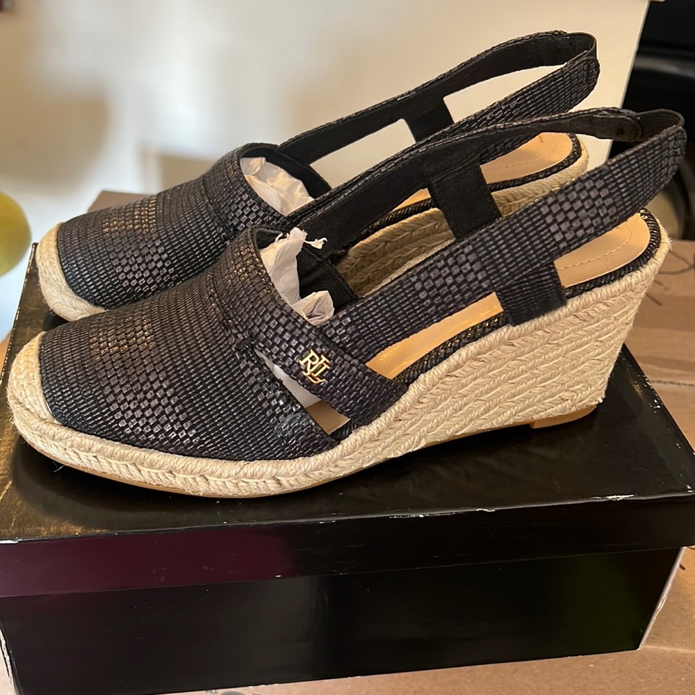 Ralph Lauren RL Slingback Espadrille Wedges Black Sz 8B NEW